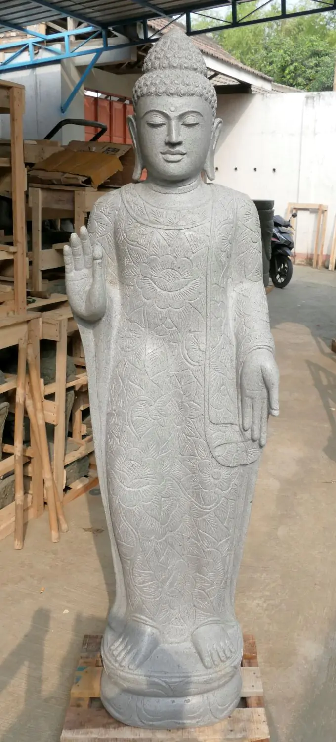  Product image 2 of the product “Standing Buddha with floral carving, Abudaya position. 50 x 32 x 178cm. Natural stone (river stone), stonemasonry ”